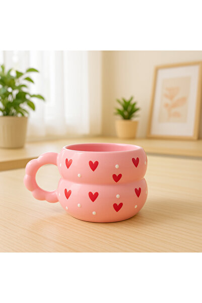 İZart Bead Handle Completely Pink Painted Red Heart Special Embossed Hand Embroidered Ceramic Mug