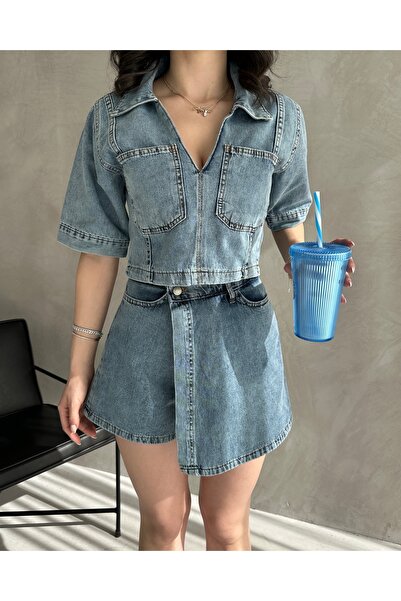 Fav Style Γυναικεία κοντομάνικη μπλούζα με λαιμόκοψη και σορτς τζιν φούστα μπλε