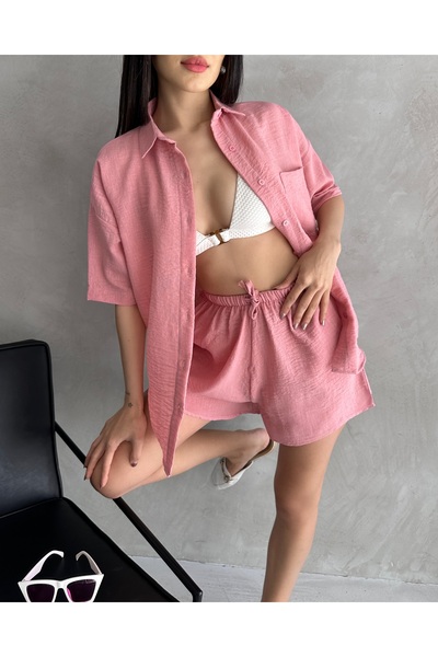 Fav Style Women's Aerobin Linen Short Sleeve Shirt and Shorts Bottom-Top Suit Pink