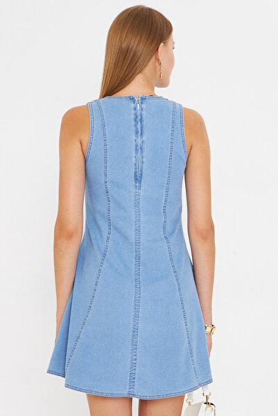 armonika Kadın Açık Mavi Vücuda Oturan Denim Kloş Elbise ARM-25Y001088