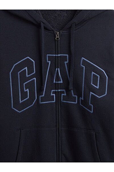 GAP Erkek Lacivert Relaxed Logo Sherpa Astarlı Fermuarlı Sweatshirt