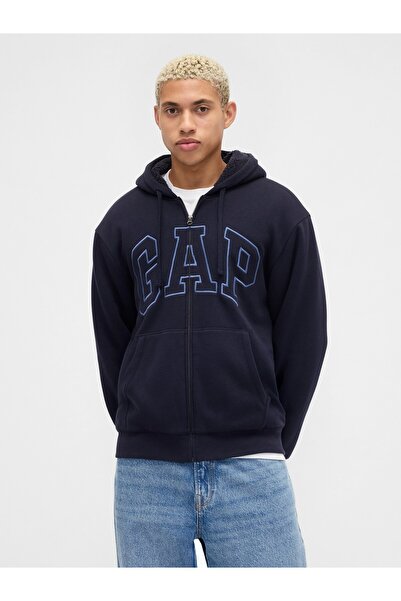 GAP Erkek Lacivert Relaxed Logo Sherpa Astarlı Fermuarlı Sweatshirt