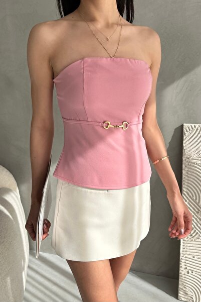 Fav Style Kadın Straplez Beli Toka Detaylı Bluz Pudra Pembe