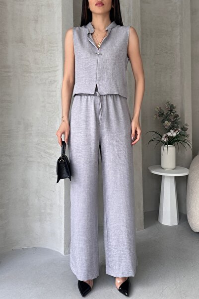 Fav Style Women's Judge Collar Tank Top and Loose Wide Leg Pocket Pants Suit Gray