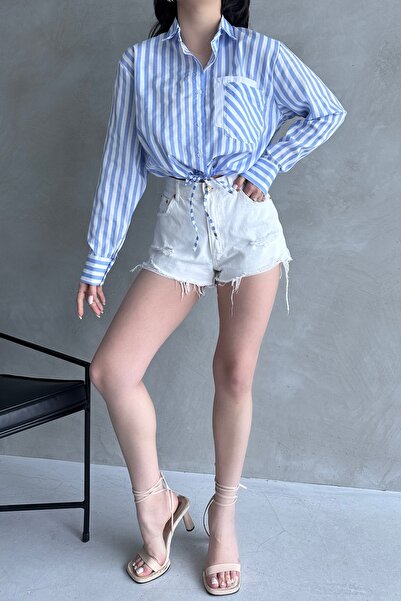 Fav Style Cămașă Crop Albastră - Damă cu mânecă lungă în dungi cu detaliu de șireturi