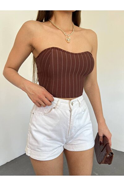 Fav Style Дамска кафява блуза без презрамки на райета