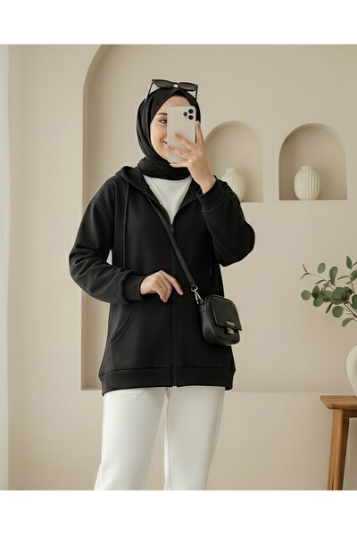 Modamorfo Hanorac din bumbac pieptănat cu buzunare cu fermoar - negru