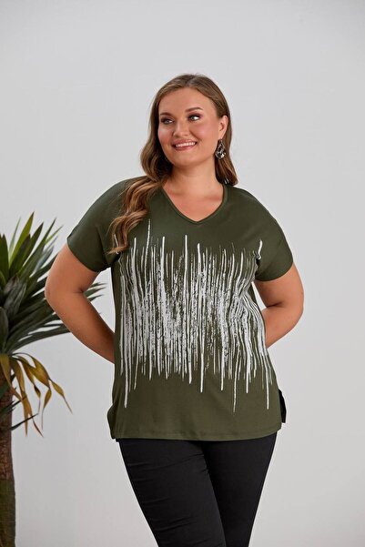 Orly More Viscose Fabric Plus Size Short Sleeve Stone Embroidery Detailed Mother Combed Cotton Blouse