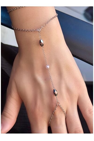 Yegane Elegant Chain Shahmeran Bracelet – Silver Color with Pearl Detail