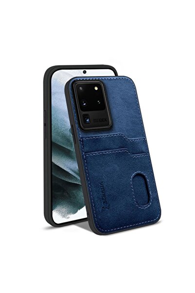 Zebana Samsung Galaxy S20 Ultra Uyumlu Kılıf Kartlıklı Lüx Deri Kılıf Lacivert