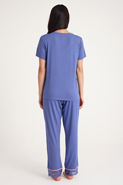 Amarelle Dream Gray Blue Viscose V-Neck Lace Detailed Pajama Set