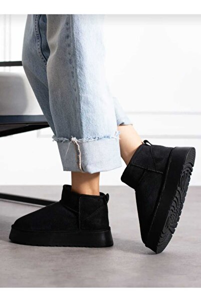 DYG STORE SİYAH MİNİ KADIN SÜET KÜRKLÜ KALIN TABAN BOT