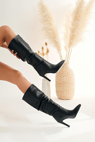 Limoya Rimaz Siyah Körüklü Uzun Sivri Topuklu Binici Çizme Kadın Çizme