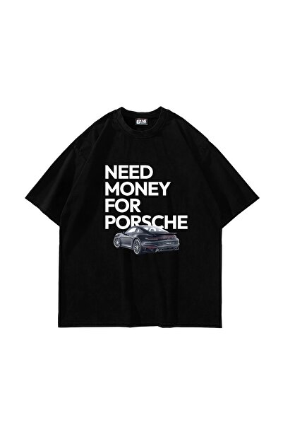 Sekizbiraltı V4 Need Money for Porsche Printed Oversize Unisex Black T-Shirt