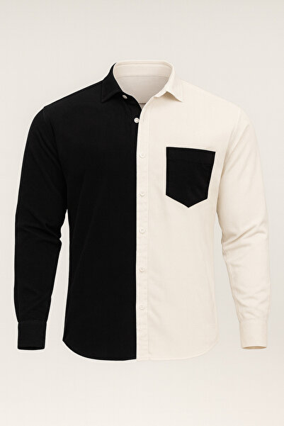 Valiberta Kontrast Çift Renk Fitilli Kadife Gömlek - Taş