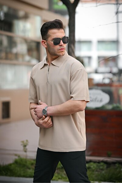 Valiberta Tricou oversize cu jumătate de fermoar cu nervuri - bej