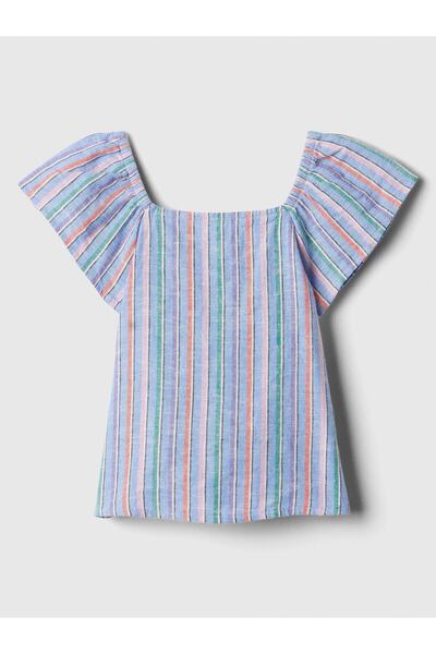 GAP Kız Bebek Mavi Keten Karışımlı Fırfır Kollu Bluz
