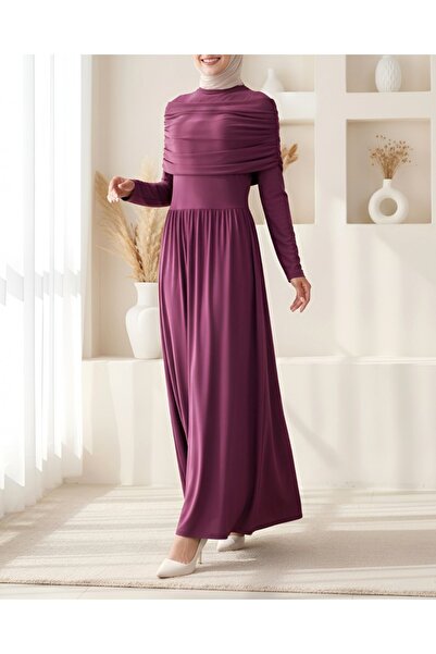 Modamorfo Μακρύ φόρεμα με λεπτομέρεια με πιέτες - Μούρο