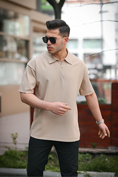 Valiberta Tricou oversize cu jumătate de fermoar cu nervuri - bej