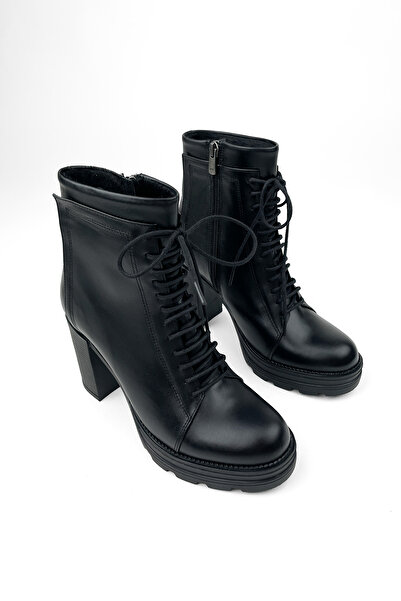 RABU Siyah Kadın Hakiki Deri Bağcıklı Fermuarlı Yüksek Platform Kalın Topuklu Bot