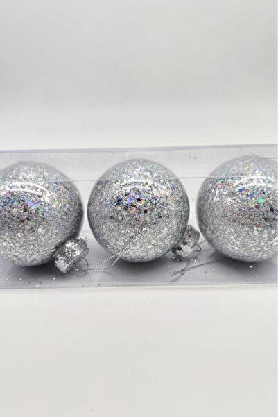 BeySüS Χριστουγεννιάτικο Πεύκο - Γυαλιστερό Ασημί Λάμψη, 8 εκ. Τριπλό Χριστουγεννιάτικο Μπαλάκι