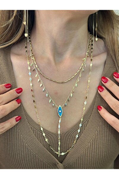 Seda Bijuteri Çelik Plaka ve Zincir Kolye 80 cm Gold