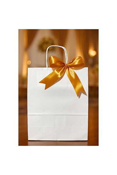 OEM Set 25 Pungi Cadou Mari Din Hartie Kraft Albă cu Fundiță Auriu, 32x25x11c...