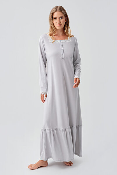 Artış Cămașă de noapte din bumbac elastic cu mâneci lungi și dantelă cu nasturi