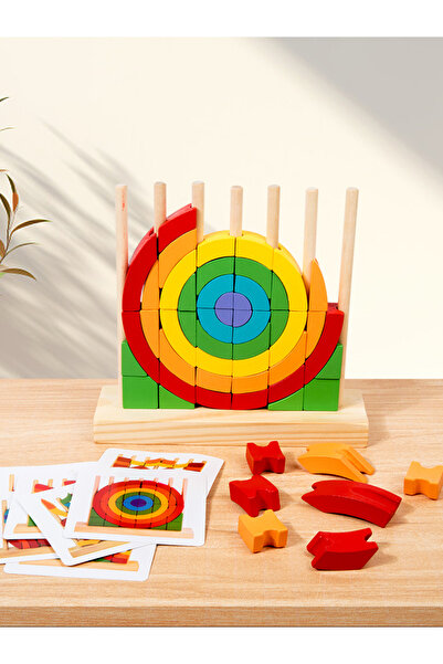 OEM Jucarie din Lemn Masiv pentru Copii, Puzzle 3D cu Inele si Blocuri Curcubeu, 54 de Piese, Interactiv