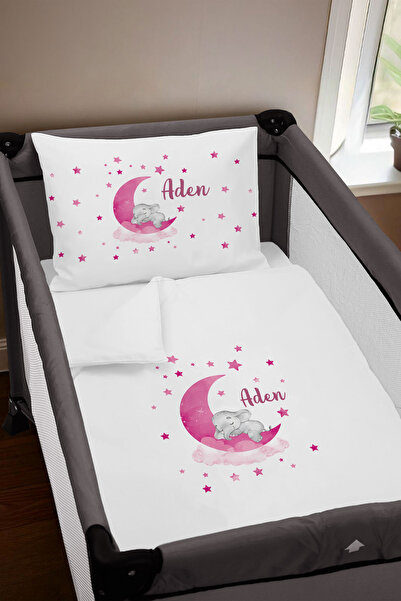 Homamia Isme Özel 75x120 Park Yatak Beşik Nevresim Takımı Pembe Fil