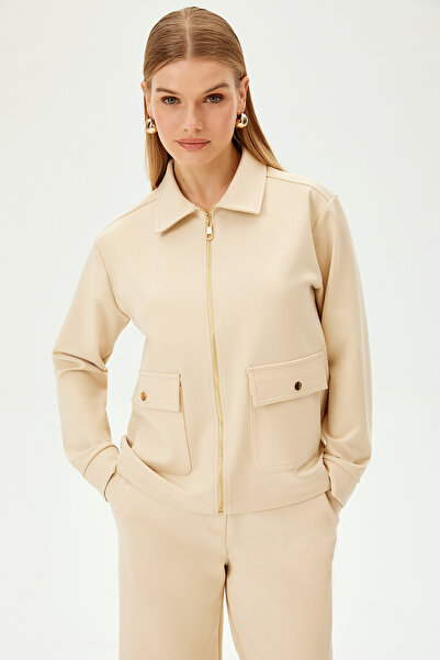 Allyco Zippered Ecru Comfortable Fit Knitted Sweatshirt