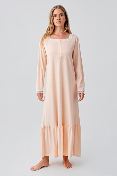 Artış Cămașă de noapte din bumbac elastic cu mâneci lungi și dantelă cu nasturi