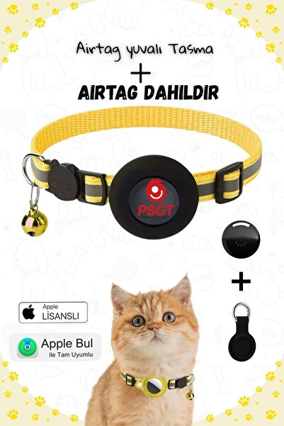 PSGT AirTag'li Kedi Tasması İOS Uyumlu -Takip Cihazı Evcil Hayvanlar İçin Öze...