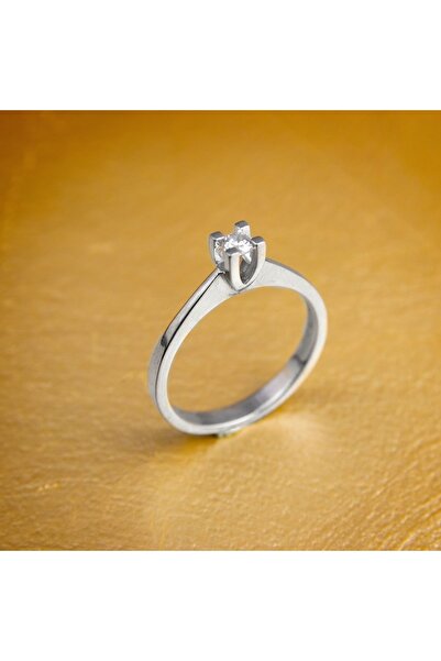 GIBYJEWEL Eğimli Kare Tırnak 925 Ayar Gümüş Tektaş Yüzük- 3 Mm- 0,10 ct