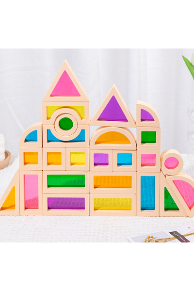OEM Set of 25 3D Building Blocks, Rainbow Made of Wood and Transparent Acrylic, Educational Toy on