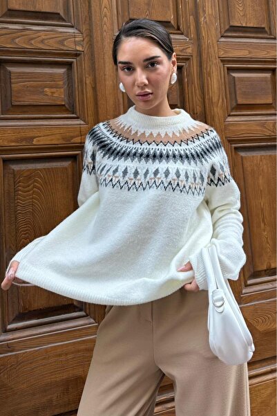 Madmext Kemik Rengi Bisiklet Yaka Desenli Kadın Triko Kazak Mg2502