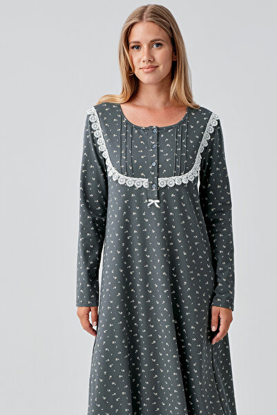 Artış Long Sleeve Patterned Buttoned Flexible Cotton Nightgown