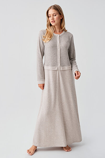 Artış Uzun Kollu Düğmeli Esnek Yumuşak Dokulu Viskoz Gecelik