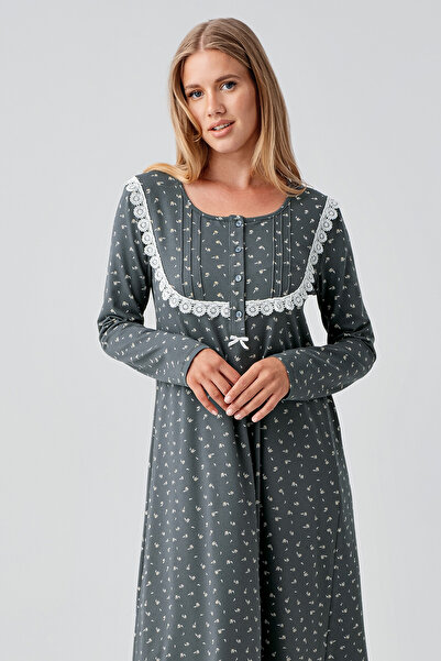 Artış Long Sleeve Patterned Buttoned Flexible Cotton Nightgown