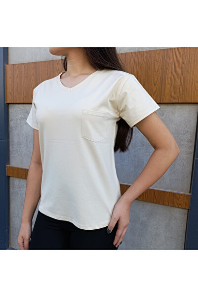 siyalife Γυναικείο κρεμ μπλουζάκι με λεπτομέρεια τσέπης σε σχήμα V