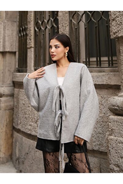 Gameyal Kadın Kaşe Kumaş Oversize Salaş Bağlamalı Günlük Hırka Ceket