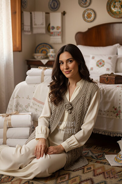 Çt Çeyizci Tekstil Весільний жилет, жилет з блискітками, жилет з плетінням, жилет для подарунка, весільний жилет з блискітками - Капучино