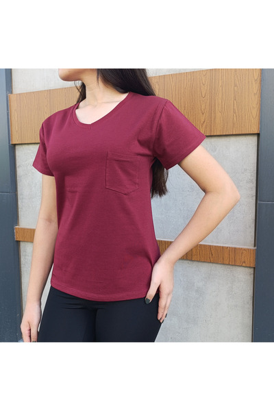 siyalife تي شيرت نسائي باللون الأحمر الداكن مع تفاصيل جيوب ورقبة على شكل حرف V