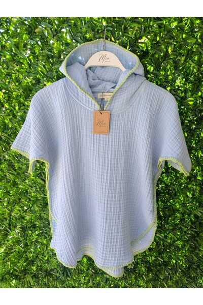 Mia Mina Home Baby Παιδικό πανσό με με κουκούλα στρώσεις μουσελίνας, ραμμένο με λιμάδες, μπλε χρώμα