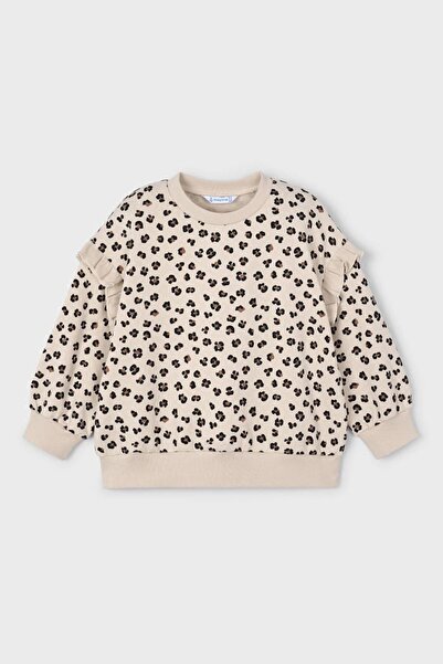 MAYORAL Kız Çocuk Kolları Fırfırlı Leopar Desenli Sweatshirt - Bej