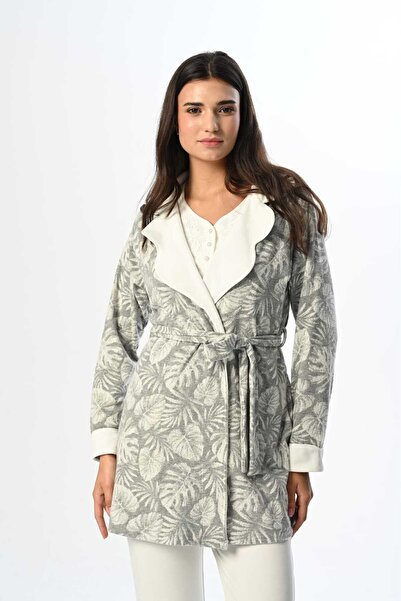 Lohussa Kadın Gri Jakarlı Dantelli Kışlık Özel Tasarım Hamile Lohusa Sabahlık Pijama Takımı Seti