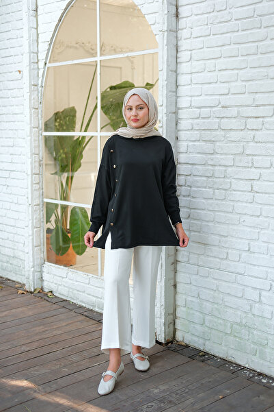 LOCCO Women's Front Button Detail Tunic Black