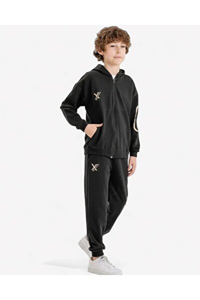 Ege Bebek Boy's Zippered Hooded Jacket and Cardigan Tracksuit Set for Ages 7-8-9-10-11-12-13-14