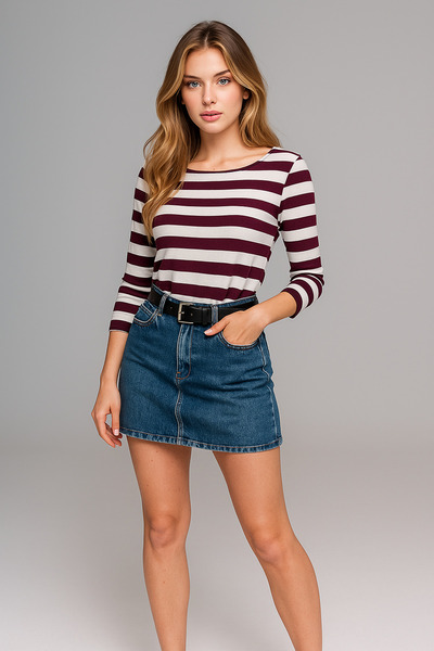 Rich Women's Striped Basic Blouse - Burgundy White - Casual Comfortable Stylish Combination - New Season Trend
