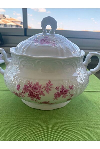 Bavaria Antika Pembe Çiçek Desenli ve Rölyefli Shabby Chic Zarif Alman Porselen Tencere